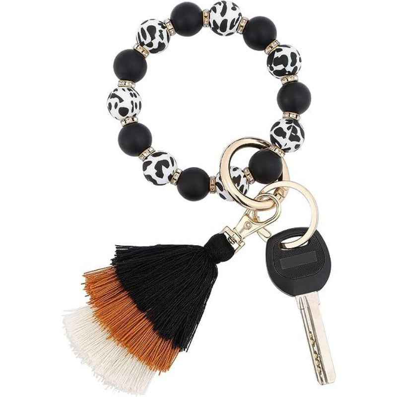 Wholesale Leopard Pattern Silicone Beads Three Layer Thread Tassel Wrist Keychain